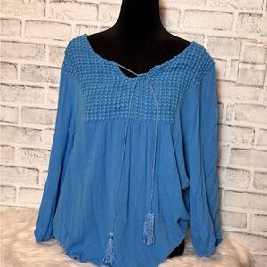 Anthropologie One world Blue Women's Top with Tassel Detail boho size‎ M